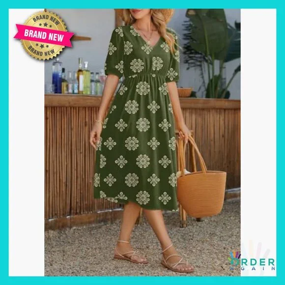 Boho Maxi Dress Flowy V Neck Short Sleeve Casual Summer Elegant with Pockets - Picture 5 of 7